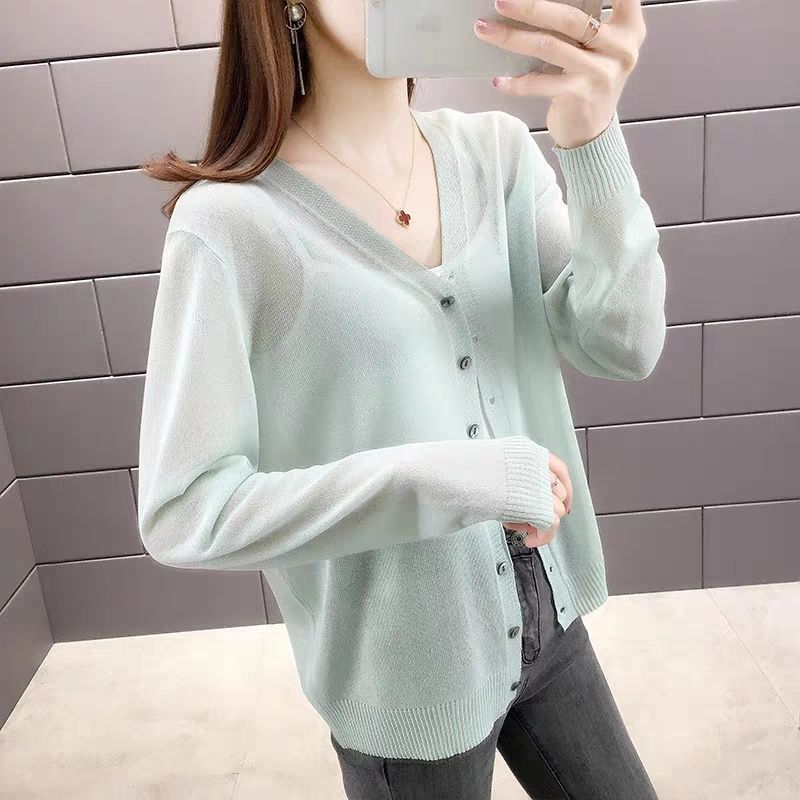 Solid Color Simple V-neck Ice Silk Knitwear For Women