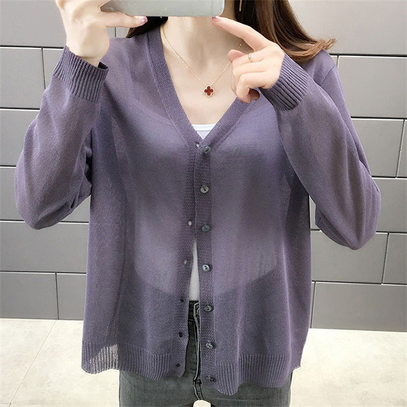 Solid Color Simple V-neck Ice Silk Knitwear For Women