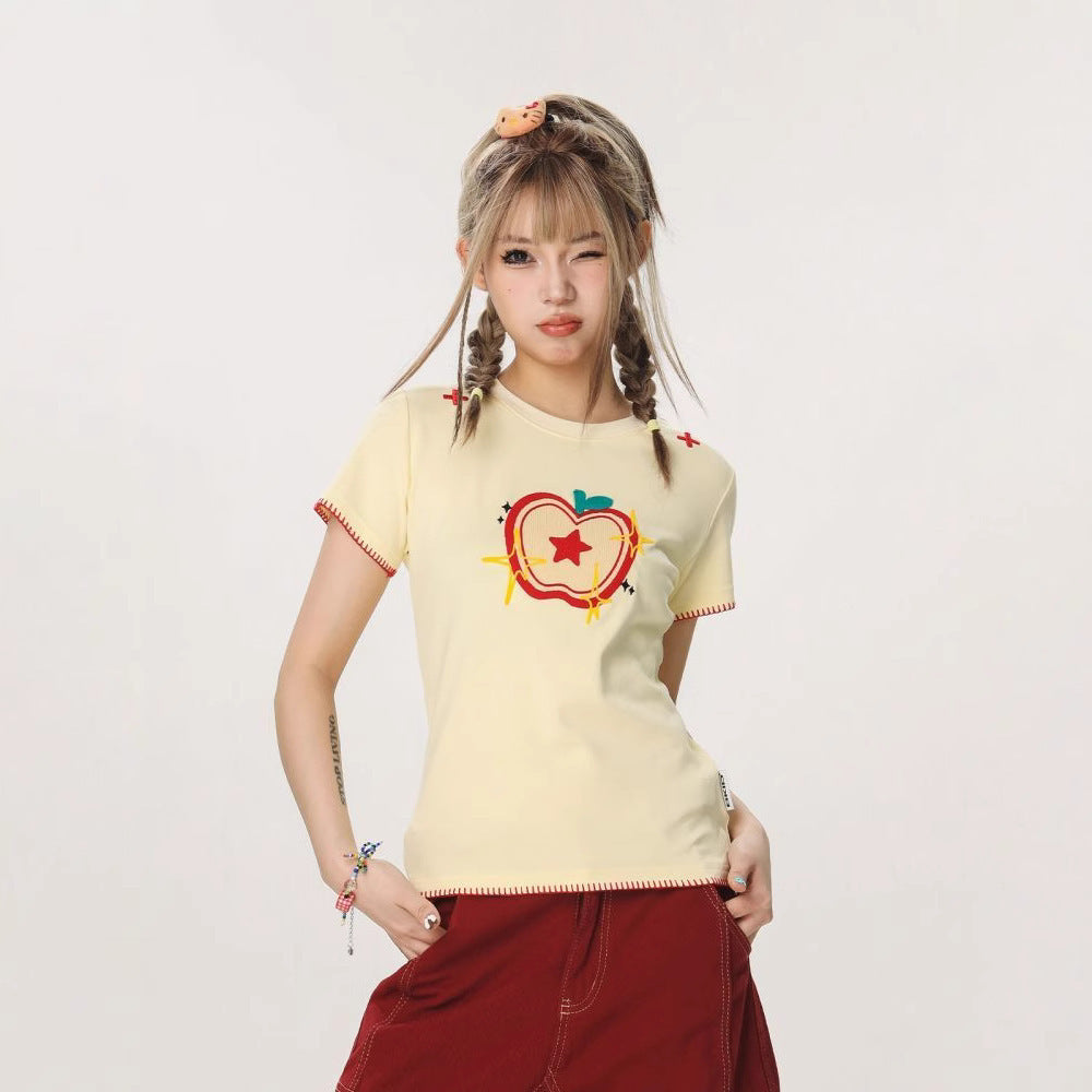 Women's Casual Sweet And Spicy Towel Embroidered Short Sleeve