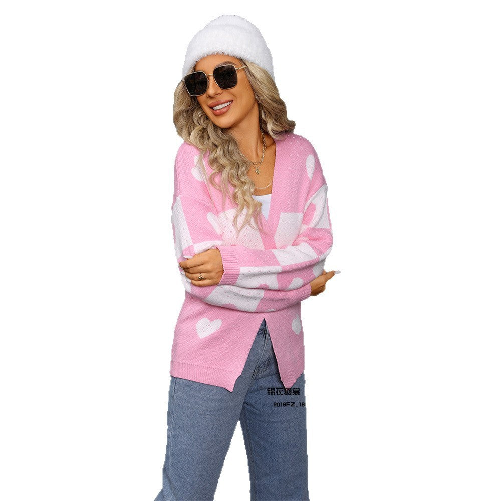 Heart Peach Knitted Cardigan Heart V-neck Coat