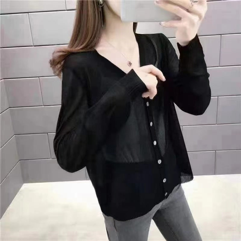 Solid Color Simple V-neck Ice Silk Knitwear For Women