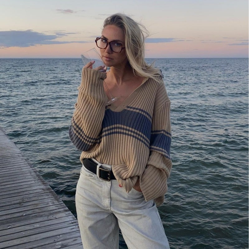 Retro Lapels Loose Slimming And All-matching Sweater For Women