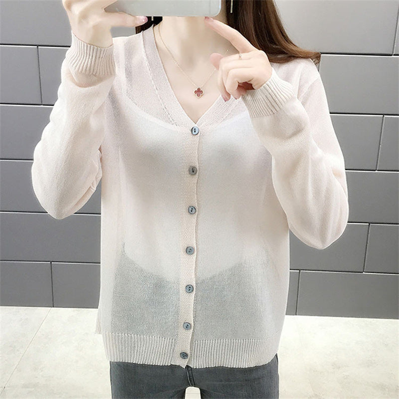 Solid Color Simple V-neck Ice Silk Knitwear For Women