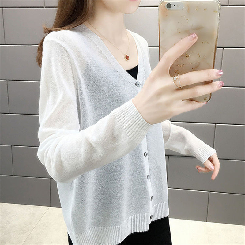 Solid Color Simple V-neck Ice Silk Knitwear For Women