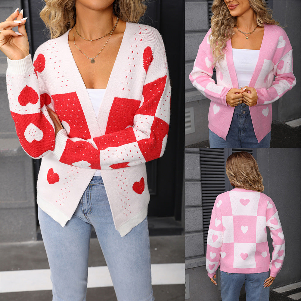 Heart Peach Knitted Cardigan Heart V-neck Coat