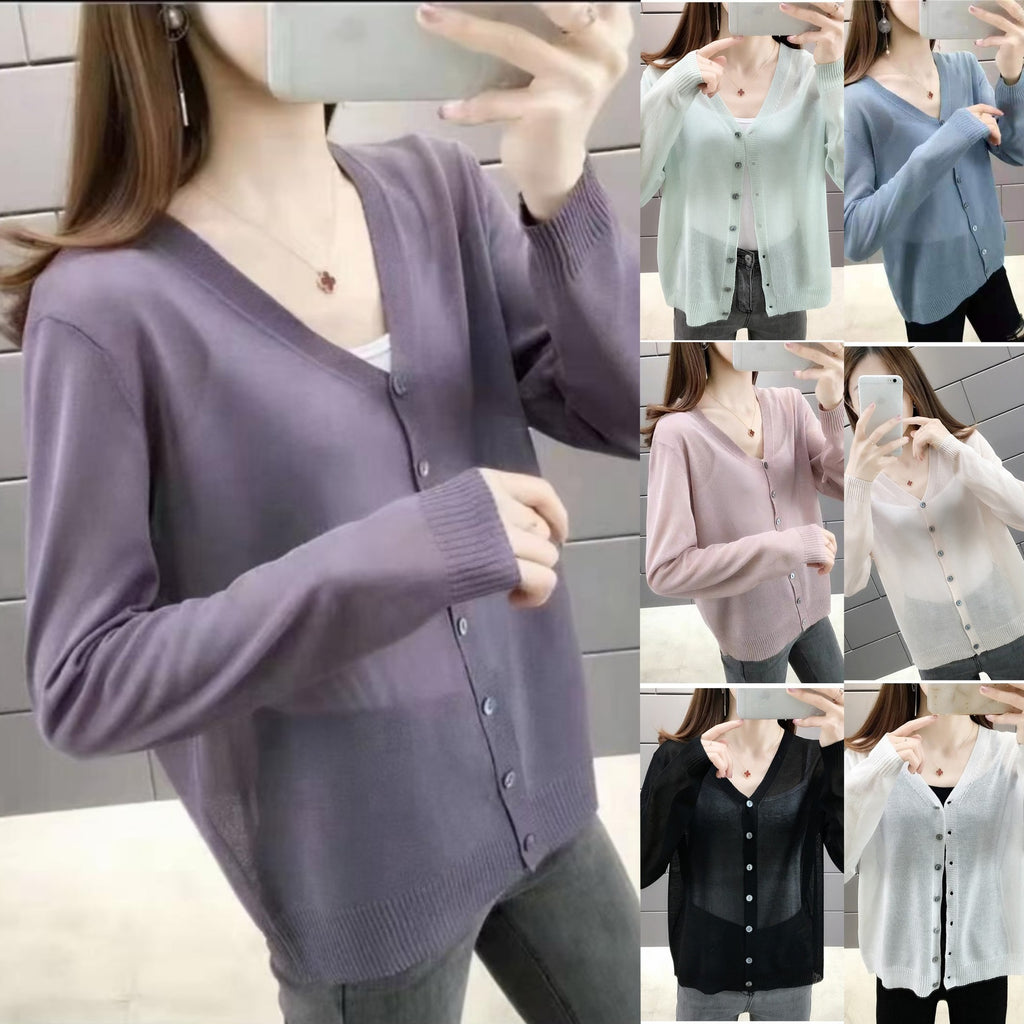 Solid Color Simple V-neck Ice Silk Knitwear For Women