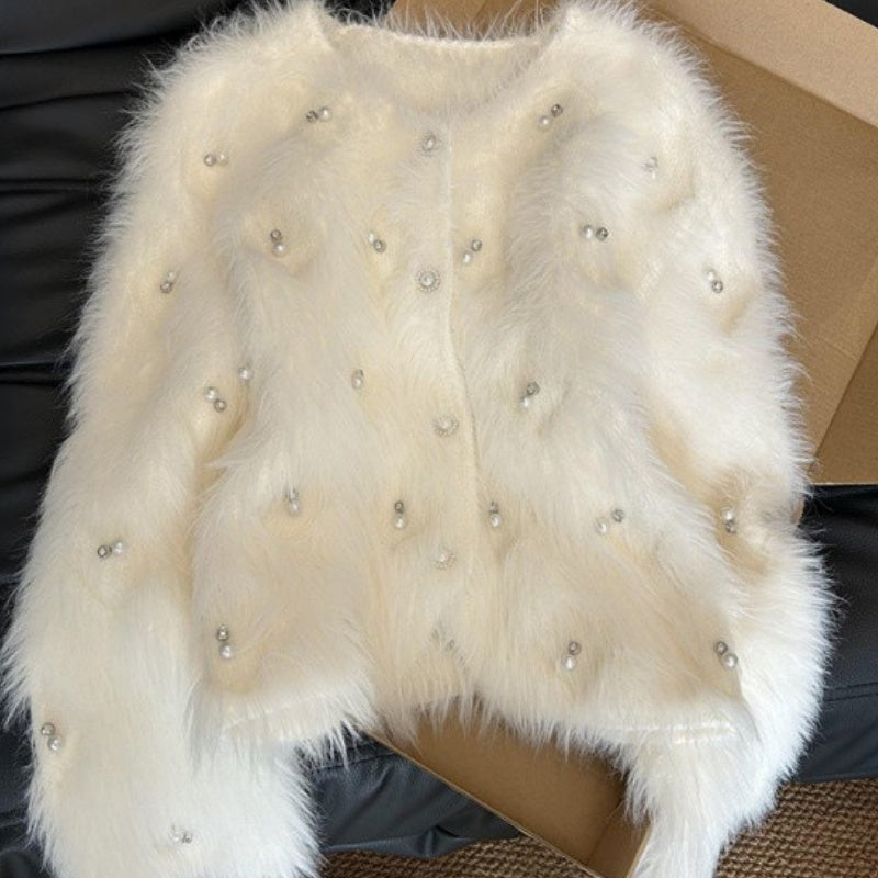 Elegant Heavy Industry Beads Soft Glutinous Knitted Sweater Coat
