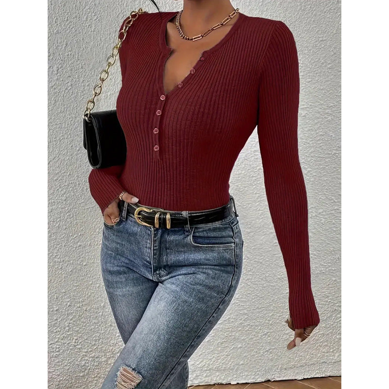 Women's V-neck Long Sleeve Button Top