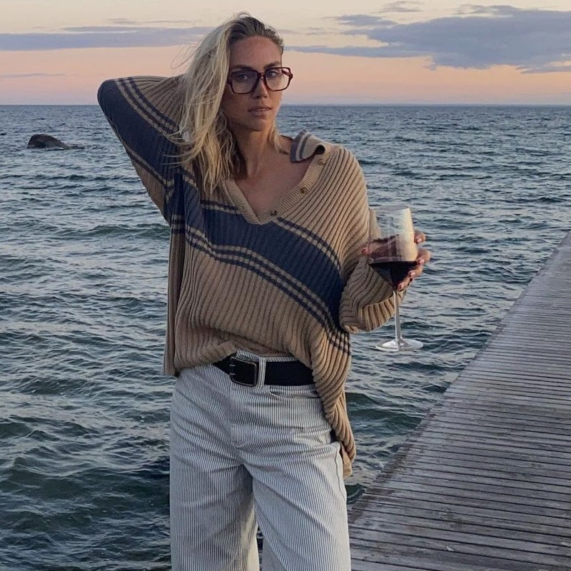 Retro Lapels Loose Slimming And All-matching Sweater For Women